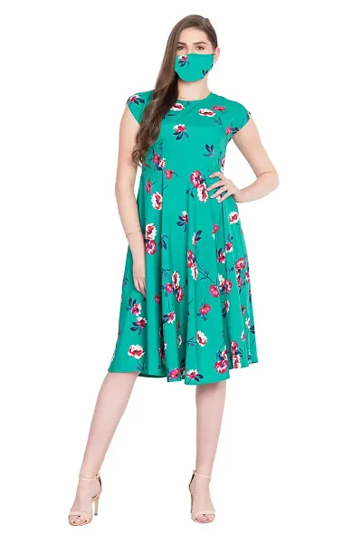 RUDRAKRITI Women's Fit and flare Dress with Free Mask