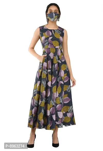 RUDRAKRITI Women's Crepe Printed Maxi Dress (Free Mask, Multicolour, Medium)