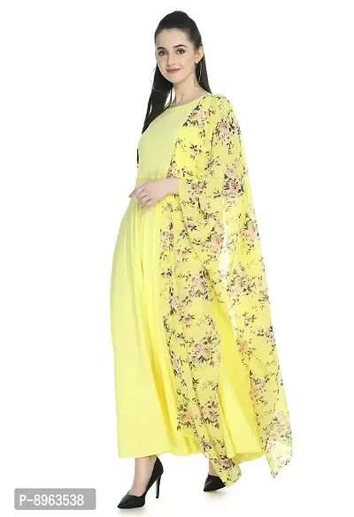 Rudraaksha Women's Crepe Maxi Dress and duptta Set (Lemon Yellow XL)-thumb3