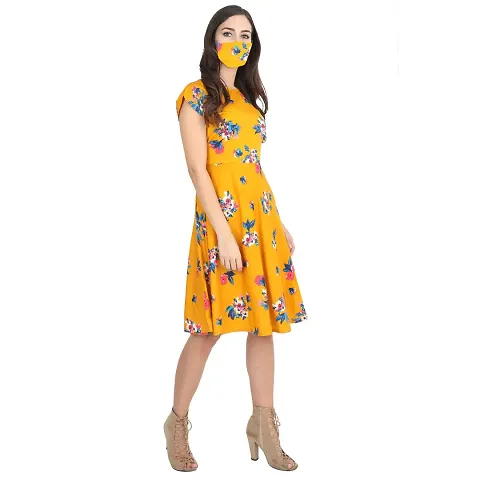 RUDRAKRITI Women's Fit and flare Dress with Free Mask