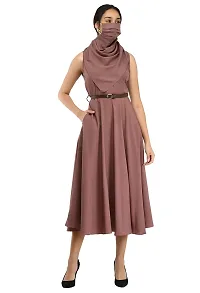 RUDRAKRITI Women's Crepe Solid with Belt Dress (Free Mask) ()-thumb3