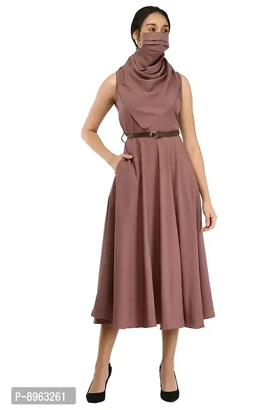 RUDRAKRITI Women's Crepe Solid with Belt Dress (Free Mask) ()-thumb4