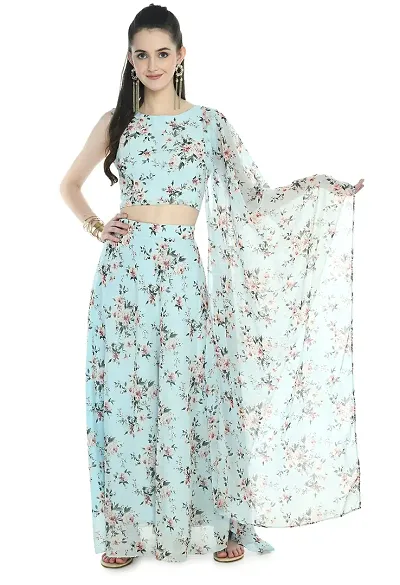 Stylish Cotton Printed Crop Top Skirt With Dupatta Set For Women