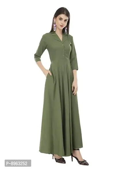 RUDRAKRITI Women Crepe Green Solid Flared Dress with Free mask (L)-thumb3