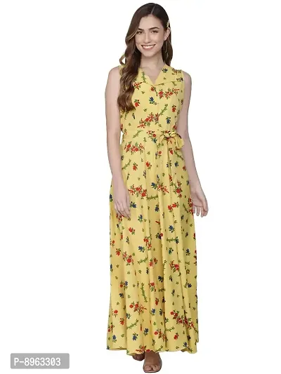 Rudraaksha Women Stylish Crepe Printed Maxi Dress(Yellow_2XL)