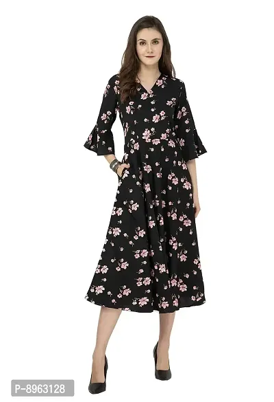 RUDRAKRITI Crepe Black Printed 3/4th Sleeve Dress for Women