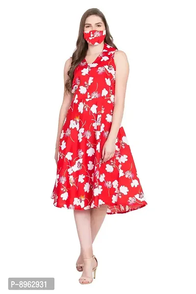 RUDRAKRITI Women's Fit and flare Dress with Free Mask