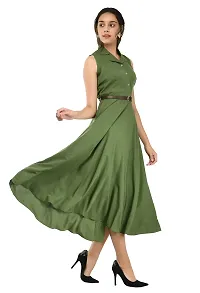 RUDRAKRITI Women's Green Crepe Solid Stylish with Belt Dress-thumb3