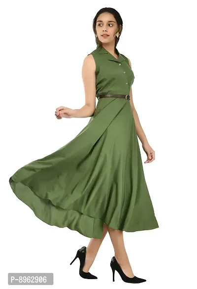 RUDRAKRITI Women's Green Crepe Solid Stylish with Belt Dress-thumb4