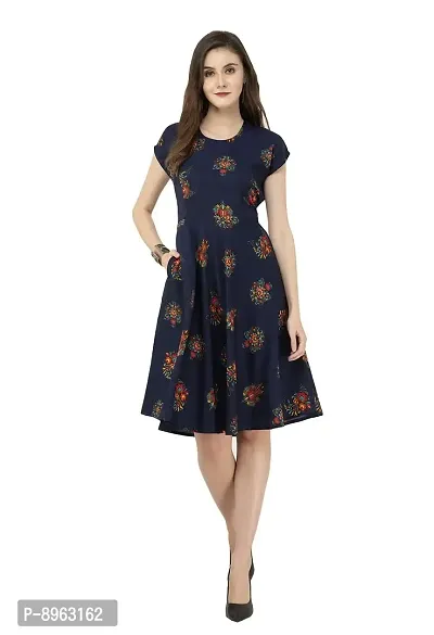 RUDRAKRITI Crepe Navy Printed Flared Dress for Women