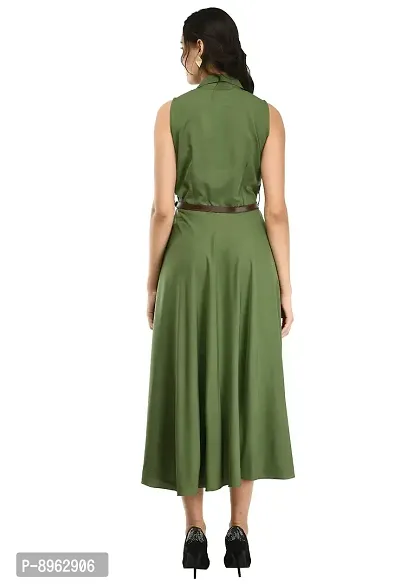 RUDRAKRITI Women's Green Crepe Solid Stylish with Belt Dress-thumb2