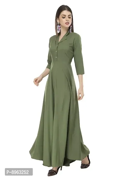 RUDRAKRITI Women Crepe Green Solid Flared Dress with Free mask (L)-thumb2