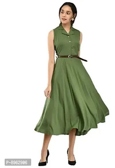 RUDRAKRITI Women's Green Crepe Solid Stylish with Belt Dress-thumb0