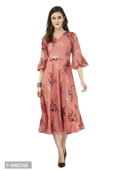 RUDRAKRITI Crepe Peach Printed 3/4th Sleeve Dress for Women