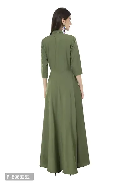 RUDRAKRITI Women Crepe Green Solid Flared Dress with Free mask (L)-thumb5