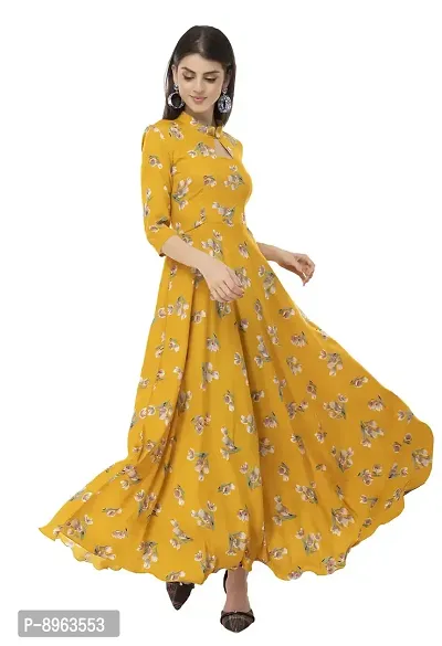 Printed Yellow Crepe fit and flary Maxi Dress-thumb0