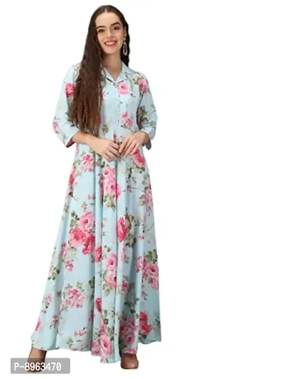 Togzz Women Floral Printed Stylish Maxi Dress Aqua Blue