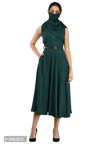 RUDRAKRITI Women's Crepe Solid with Belt Dress (Free Mask) (Medium)-thumb0