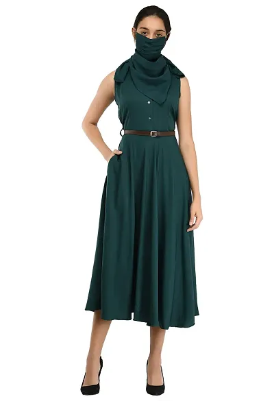 RUDRAKRITI Women's Crepe Solid with Belt Dress (Free Mask) ()