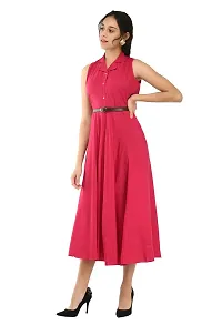 RUDRAKRITI Women's Pink Crepe Solid Stylish with Belt Dress-thumb2