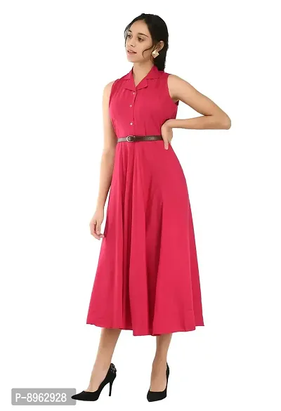 RUDRAKRITI Women's Pink Crepe Solid Stylish with Belt Dress-thumb3