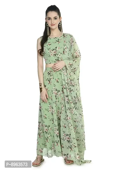 Rudrakriti women light green printed Crop Top  Skirt with duptta set