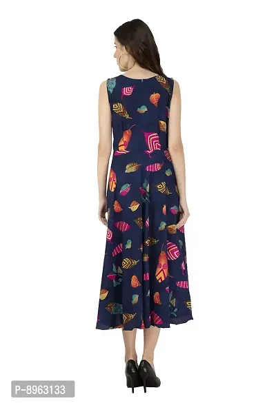 RUDRAKRITI Crepe Navy Printed Sleeveless Dress for Women-thumb3