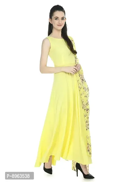 Rudraaksha Women's Crepe Maxi Dress and duptta Set (Lemon Yellow XL)-thumb4