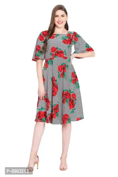 RUDRAKRITI Women's Crepe Multi Floral Printed Knee Length Dress