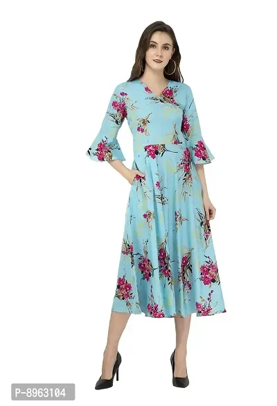 RUDRAKRITI Crepe Sky Printed 3/4th Sleeve Dress for Women-thumb0