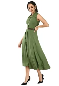 RUDRAKRITI Women's Green Crepe Solid Stylish with Belt Dress-thumb2