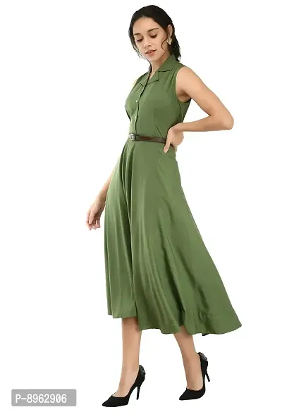 RUDRAKRITI Women's Green Crepe Solid Stylish with Belt Dress-thumb3