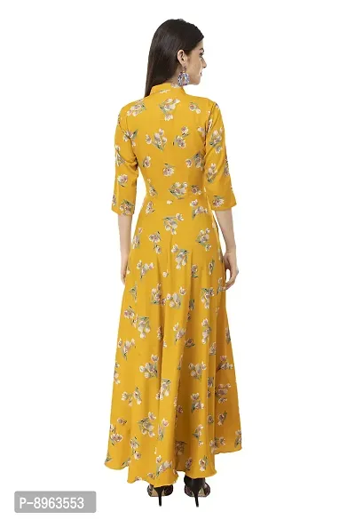 Printed Yellow Crepe fit and flary Maxi Dress-thumb4