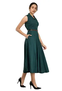 RUDRAKRITI Women's bottal Green Crepe Solid Stylish with Belt Dress-thumb3