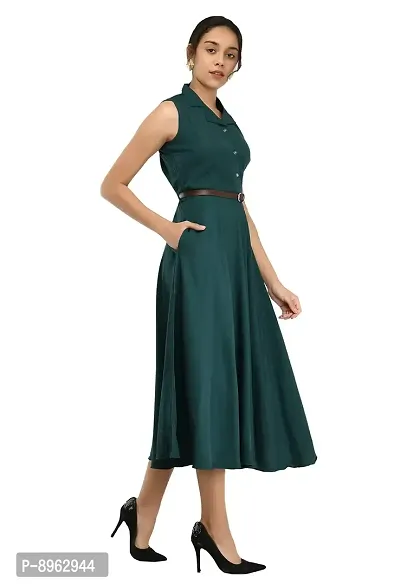 RUDRAKRITI Women's bottal Green Crepe Solid Stylish with Belt Dress-thumb4