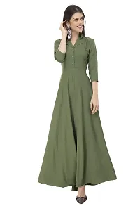 RUDRAKRITI Women Crepe Green Solid Flared Dress with Free mask (L)-thumb3