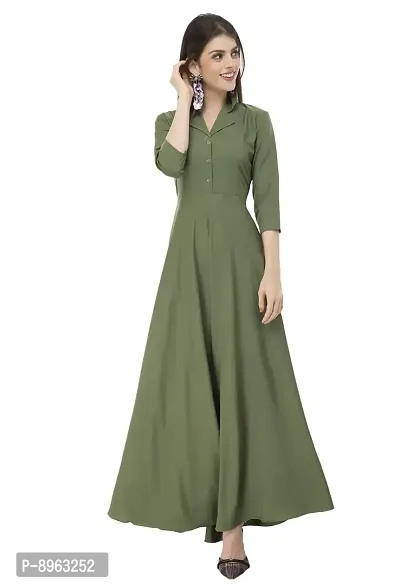 RUDRAKRITI Women Crepe Green Solid Flared Dress with Free mask (L)-thumb4