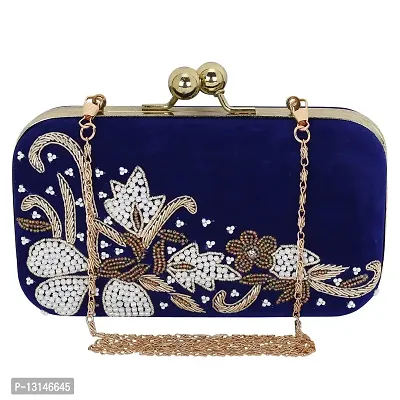 MaFs Beads Embroidered Blue Women clutches For Weddings and Parties