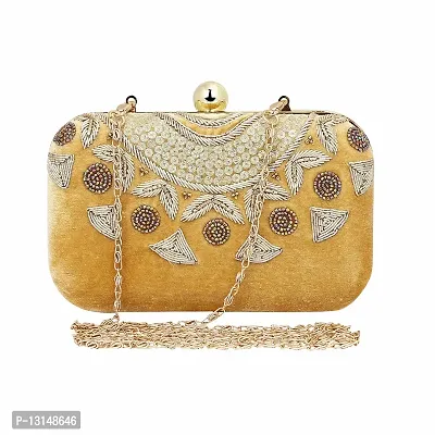 MaFs Embroidered Round Neck Gold color Women clutches
