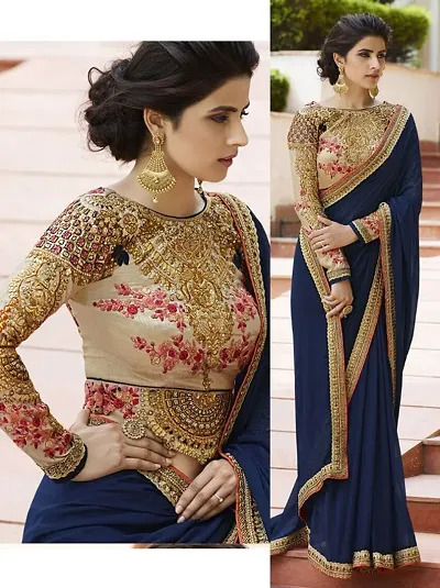 Attractive Poly Silk Embroidered Saree with Blouse piece