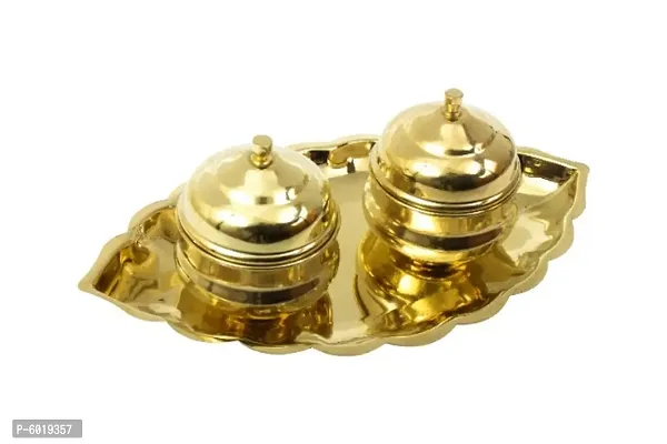 Traditional Handcrafted Brass Thali kumkum Plate for Pooja/Worship 2 Bowl-Small Leaf-thumb0
