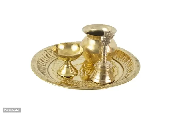 Traditional Handcrafted Brass Thali/Aarti Plate for Pooja/Worship (- Diya-Bell-Lota)