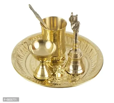 Traditional Handcrafted Brass Thali/Aarti Plate for Pooja/Worship (Diya-Bell-Panchamurt-Spoon)