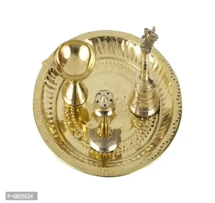 Traditional Handcrafted Brass Thali/Aarti Plate for Pooja/Worship (Diya-Bell-Dhoop)