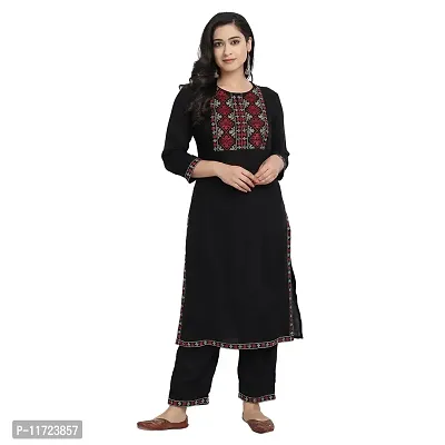 Women’s Embroidery Straight Solid Black Casual & Party Kurta with Pants-Size-S-thumb0