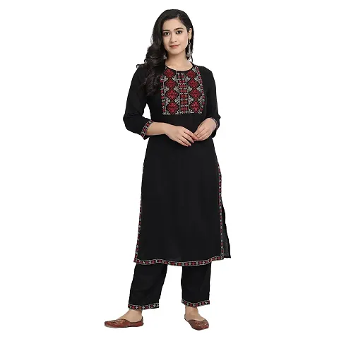 Women’s Embroidery Straight Solid Casual & Party Kurta with Pants-Size-L