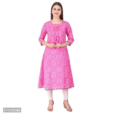 Haute & Humble Women's A-Line Cotton Latest Pink Color Bhandej Printed Kurta for Ladies and Girl XL-thumb0