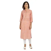 Haute & Humble Women's Cotton Printed Peach Color Straight Kurta Kurties-thumb1