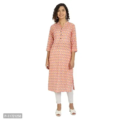 Haute & Humble Women's Cotton Printed Peach Color Straight Kurta Kurties-thumb2