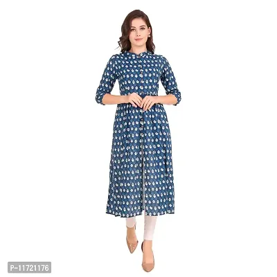 Haute  Humble Women's Pure Cotton Blue Printed Jaipuri Kurti 3/4 sleeve A-line Design Kurta-thumb0